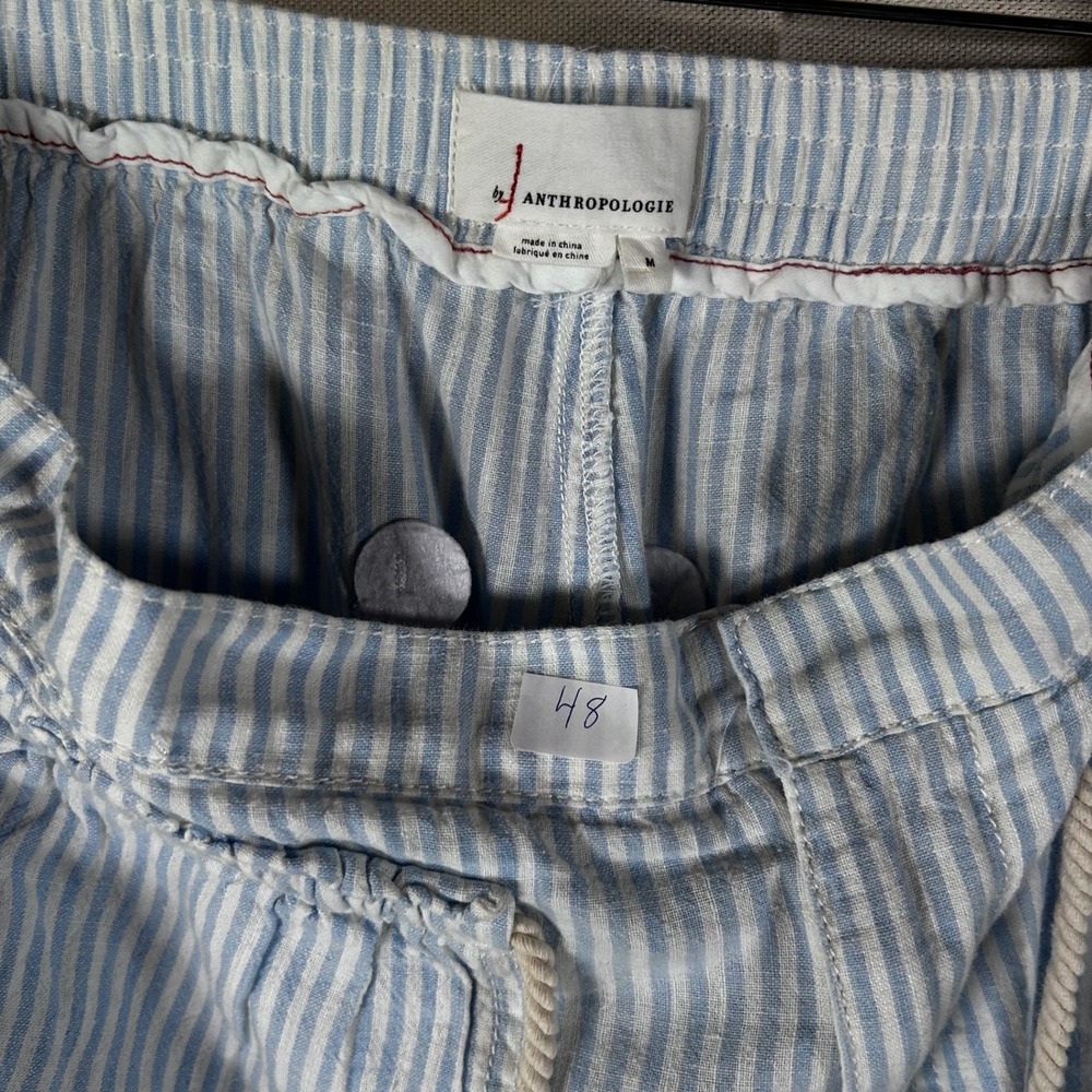 Anthropologie Blue White Striped Linen Blend Drawstring Pants Womens Medium - Picture 2 of 7